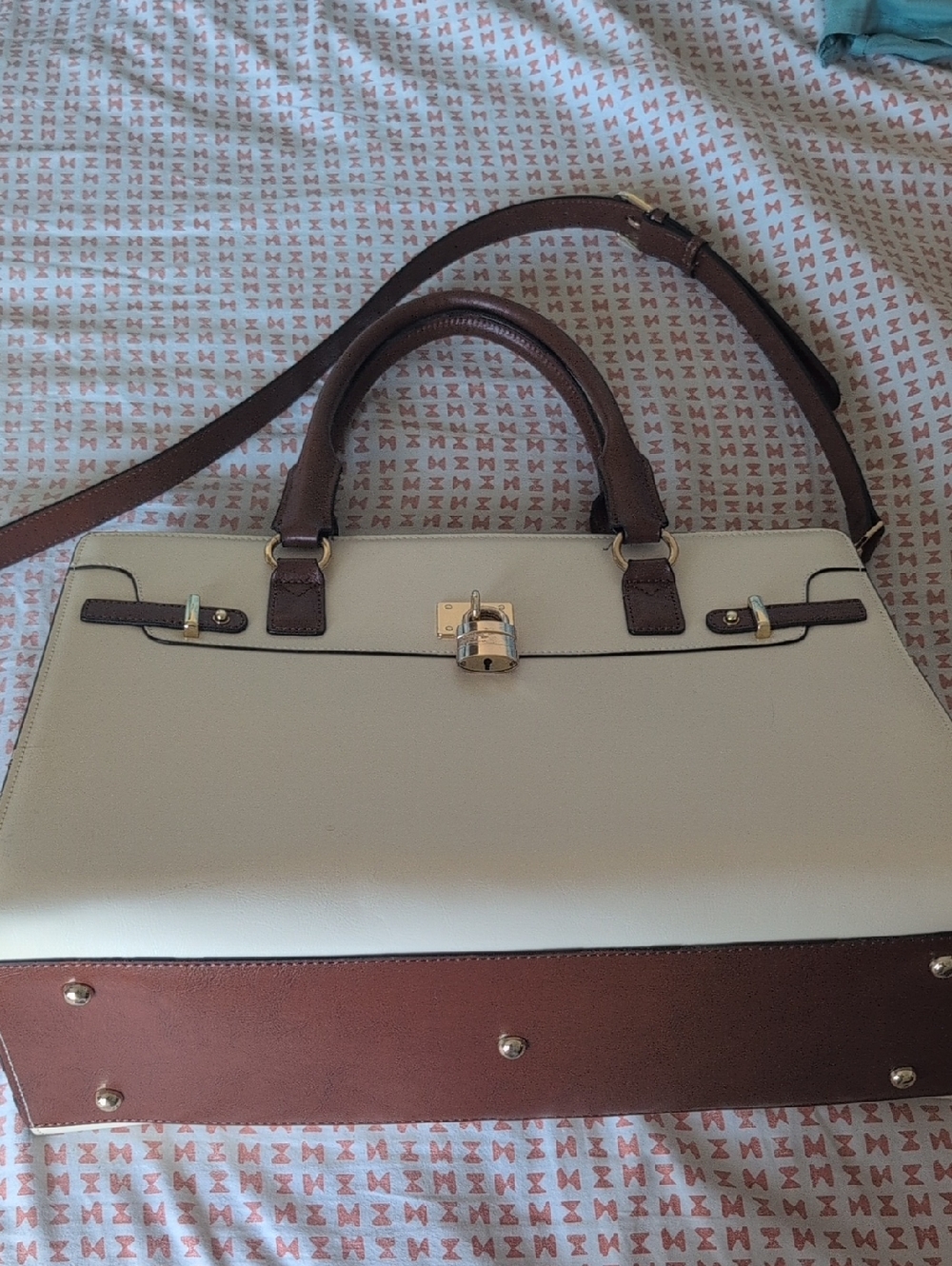 Structured Cream and Brown Satchel with Gold Lock Detail